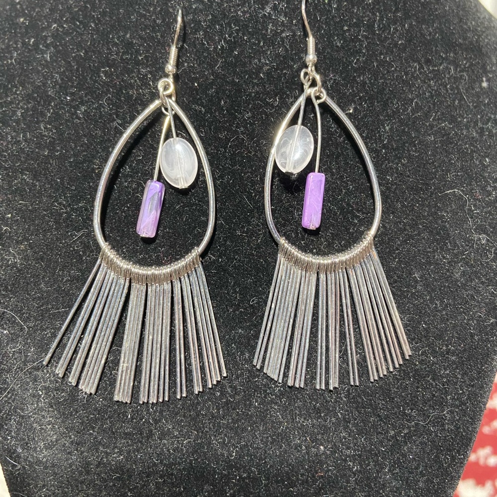 Silver Tone Pierced Earrings With Dangle Beads and Fringe